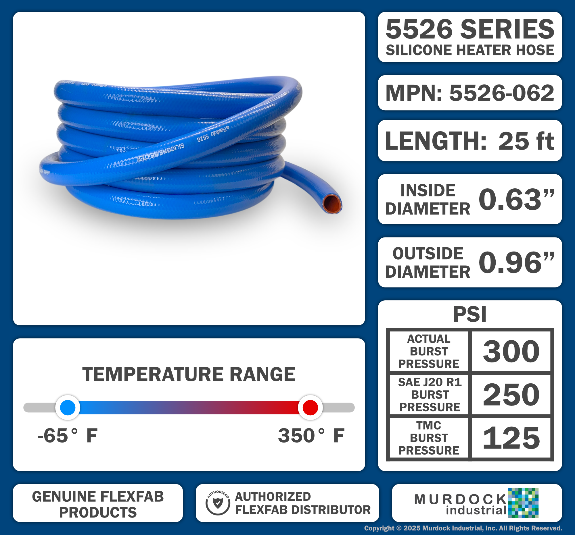 5526-062x25 by FlexFab | Series 5526 | 1-ply Standard Heater Hose | 0.63" ID | 0.96" OD | Blue | 25ft Boxes