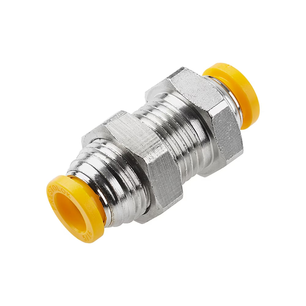 62PLPBH-12M by Parker | Prestolok PLP Push-to-Connect Fittings | Bulkhead Unions | 12mm Bulkhead Union Tube Size | 22mm Bulkhead Hole Dia. | 1" Hex | 50.94mm Length | 9.525mm Dia. | Straight | Nickel-Plated Brass | Pack of 10