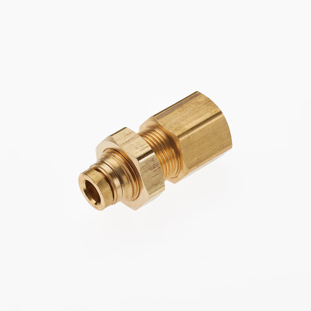 66PTCBH-4-4 by Parker | Bulkhead Union | 1/4" Push-to-Connect x 1/4" Female NPT Thread | 11/16" Hex | 1.62" Length | Straight | Brass | Pack of 10