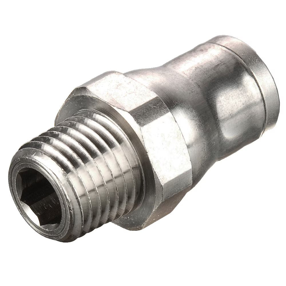68PLM-10M-8R by Parker | Prestolok PLM Metal Push-to-Connect Fittings | Threaded Fitting | 10mm Connector x 1/2" Male BSPT Threads | 24.00mm Height | Straight | Electroless Nickel-Plated Brass | Pack of 10