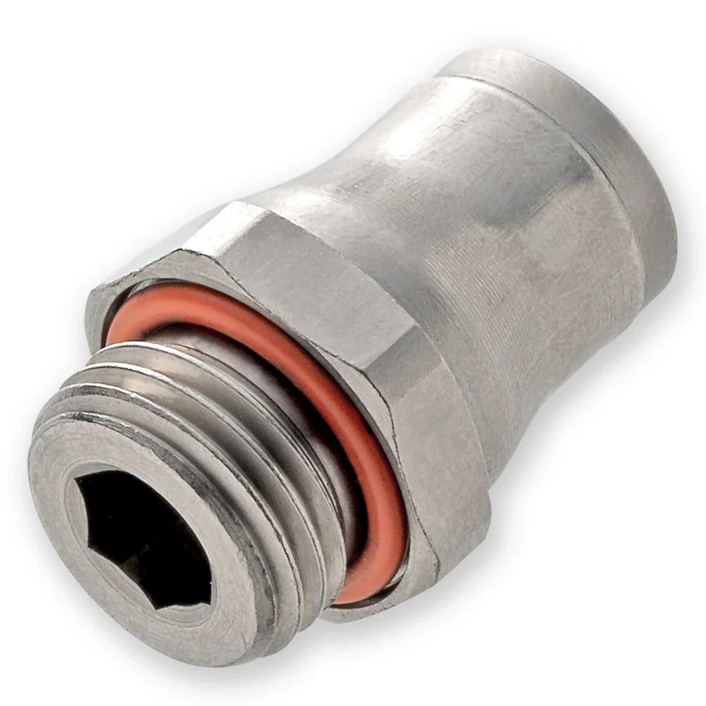 68PLS-8M-4G by Parker | Prestolok PLS Push-to-Connect Fittings | Threaded Fitting | 8 mm Connector x 1/4" Male BSPP Threads | 18.50 mm Height | 18.50 mm Width | Straight | Stainless Steel | Pack of 5