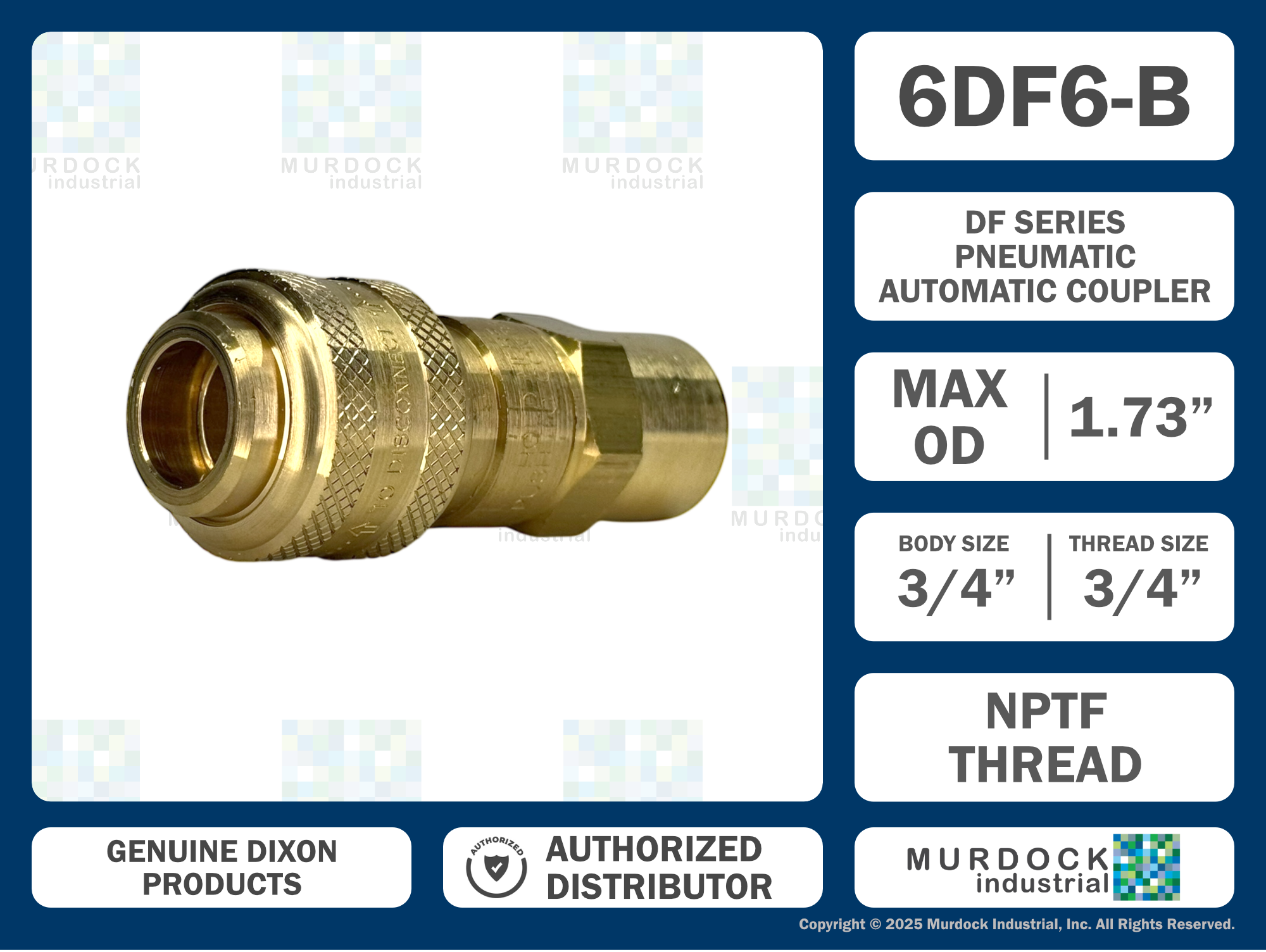 6DF6-B by Dixon Valve | Pneumatic Quick Disconnect Coupling | D-Series | 3/4" Female NPTF x 3/4" Automatic Industrial Interchange | Socket | Nitrile Seal | Brass