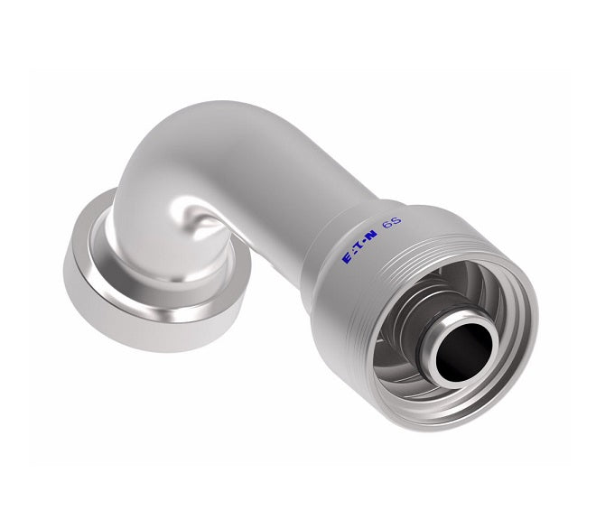 6S24CTE20 Aeroquip by Danfoss | 6 Wire 6S CAT Flange 67.5° Elbow (CTE) Crimp Fitting | -24 CAT Flange x -20 Hose Barb | Steel