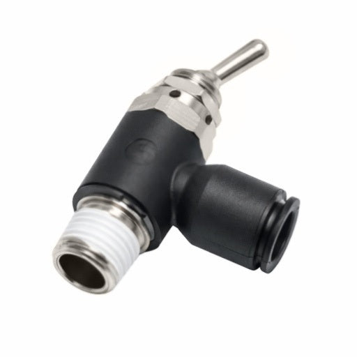 7806 60 14 by Parker | Manually Operated 3-Way Venting Valve (Supply 2) | 3/8" Tube Size x 1/4" Male NPT Thread | 1.99" Length | 90° Elbow | Glass-Reinforced Nylon