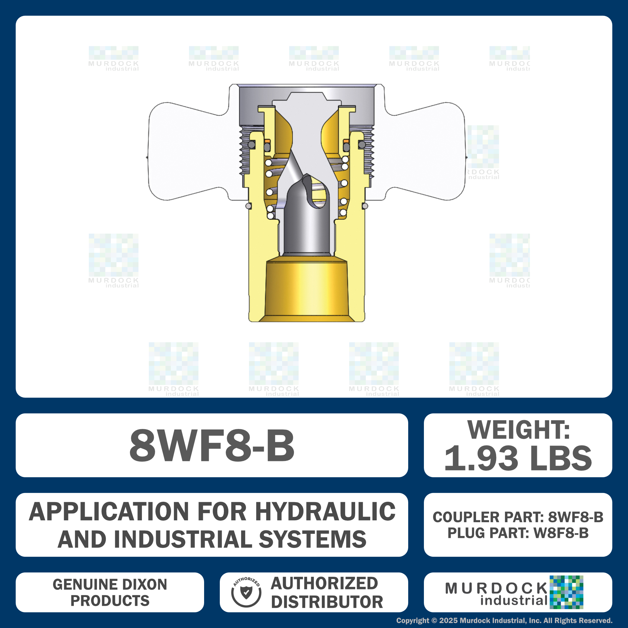 8WF8-B by Dixon Valve | Hydraulic Quick Disconnect Coupling | W-Series | 1" Female NPTF x 1" Wingstyle Interchange | Socket | Nitrile Seal | Brass