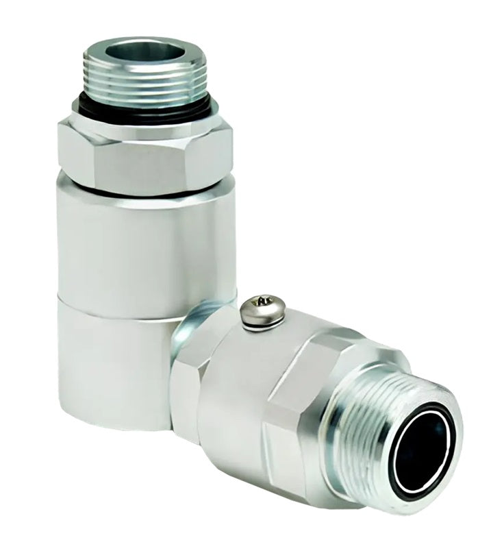 9DP20MO20XMFS20-NI-AL by Super Swivel | DP8684-NI-AL | Dual Plane Swivel | 1-5/8-12 Male O-Ring ORB x 1-11/16-12 Male Face Seal MFS | 0.718" Through Hole | 90° Elbow | Electroless Nickel | AFLAS Seal