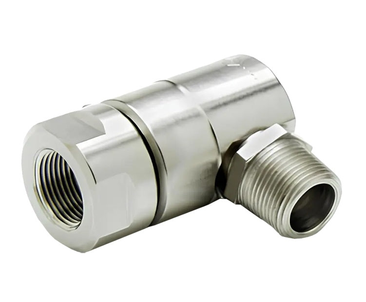 9SS8FP50XMP38-Ni-V by Super Swivel | 7133-Ni-V | 1/2-14 Female Pipe NPTF x 3/8-18 Male Pipe NPTF | 0.297" Through Hole | 90° Elbow | Electroless Nickel | Viton Seal