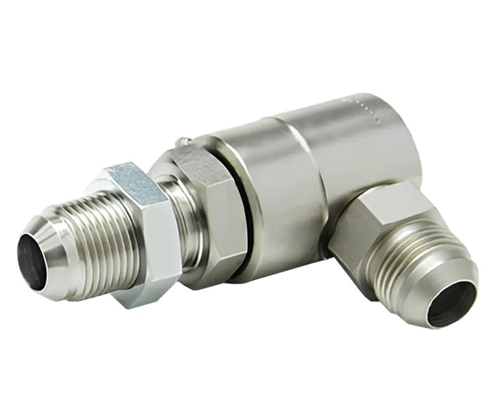 9SS8MJB8XMJ8-Ni-V by Super Swivel | 8013-Ni-V | 3/4-16 Male 37° JIC Bulkhead x 3/4-16 Male 37° JIC | 0.297" Through Hole | 90° Elbow | Electroless Nickel | Viton Seal