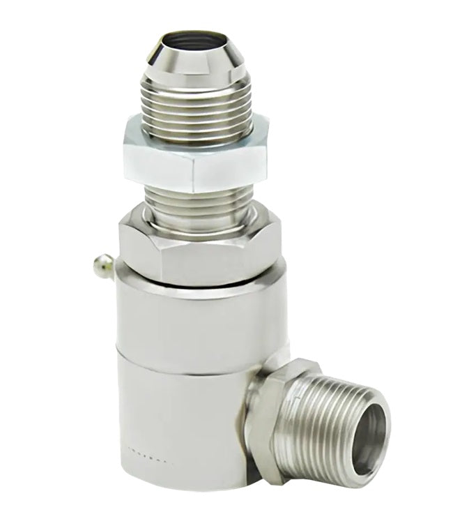9SS8MJB10XMP50-Z-V by Super Swivel | 7520-Z-V | 7/8-14 Male 37° JIC Bulkhead x 1/2-14 Male Pipe NPTF | 0.297" Through Hole | 90° Elbow | Zinc | Viton Seal