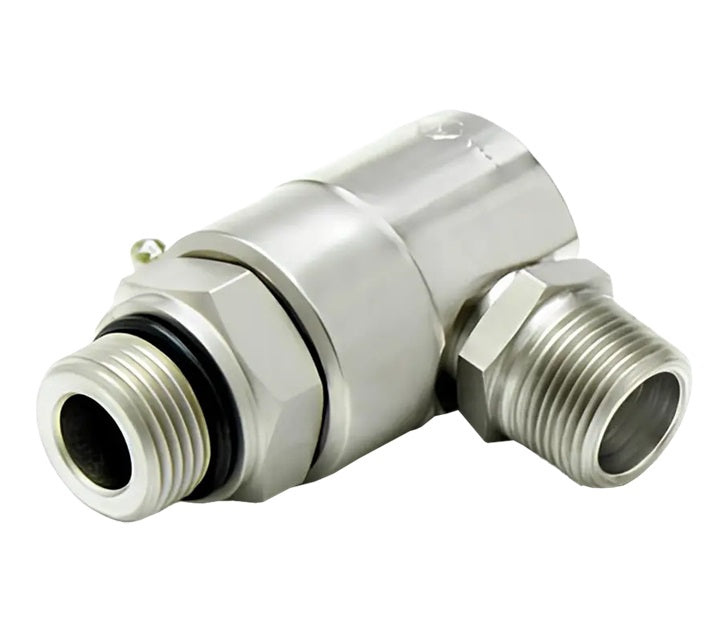 9SS4MO6XMP38-Ni-AL by Super Swivel | 7394-Ni-AL | 9/16-18 Male O-Ring ORB x 3/8-18 Male Pipe NPTF | 0.297" Through Hole | 90° Elbow | Electroless Nickel | AFLAS Seal