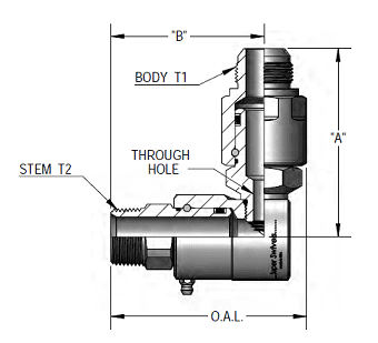 9DP12MP75XMJ12-NI-ETP by Super Swivel | DP6845-NI-ETP | Dual Plane Swivel | 3/4-14 Male Pipe NPTF x 1-1/16-12 Male 37° JIC | 0.391" Through Hole | 90° Elbow | Electroless Nickel | Extreme Viton® Seal