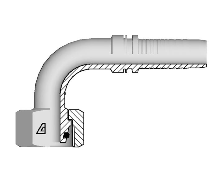 A-1642-FM9H Alfagomma by Kuriyama | A Series | Two-Piece Hydraulic Hose Fitting | 90° Elbow | DIN 3865 Heavy | -16 Hose ID x M42 Female Metric O-Ring Swivel 24° Seat | Steel