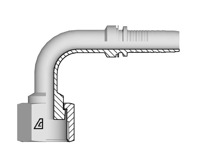 A-0506-FO9L Alfagomma by Kuriyama | A Series | Two-Piece Hydraulic Hose Fitting | 90° Elbow | Long Drop | -05 Hose ID x -06 Female O-Ring Face Seal Swivel | Steel