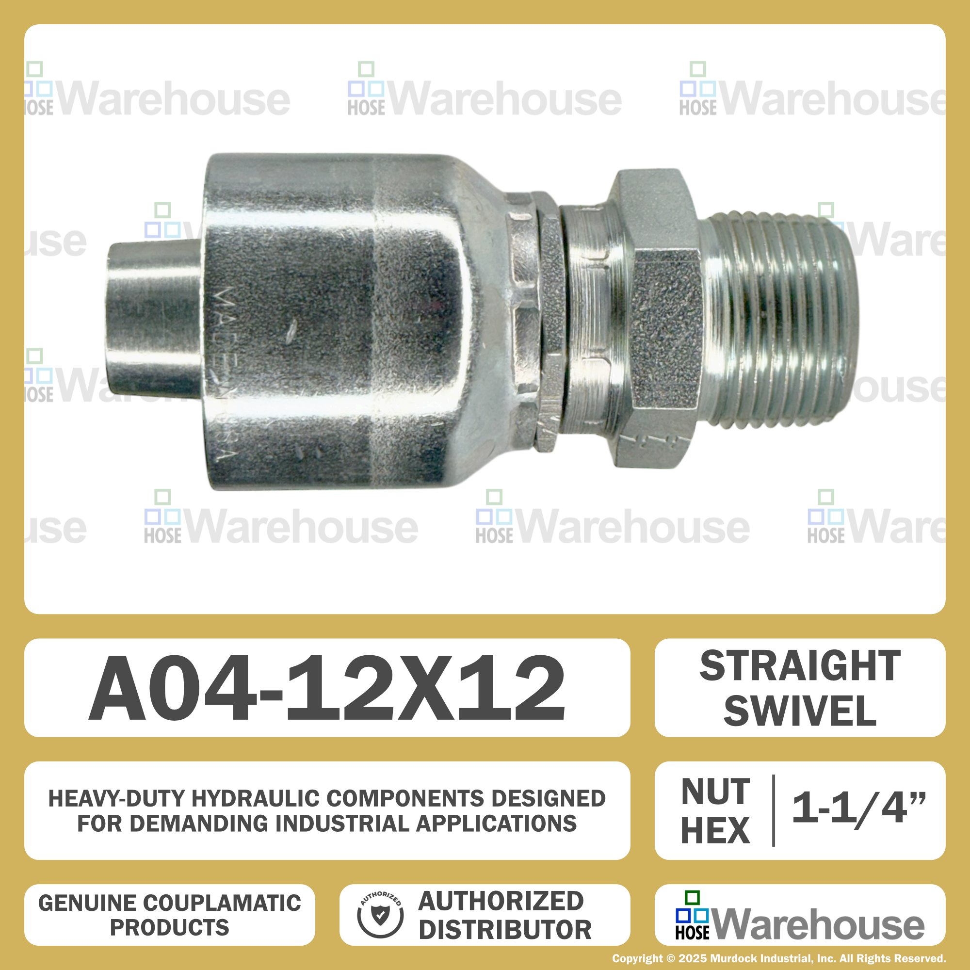A04-12x12 by Couplamatic | A Series Coupling | 3/4" Hose ID x 3/4-14 Thread Male Swivel NPTF | Straight