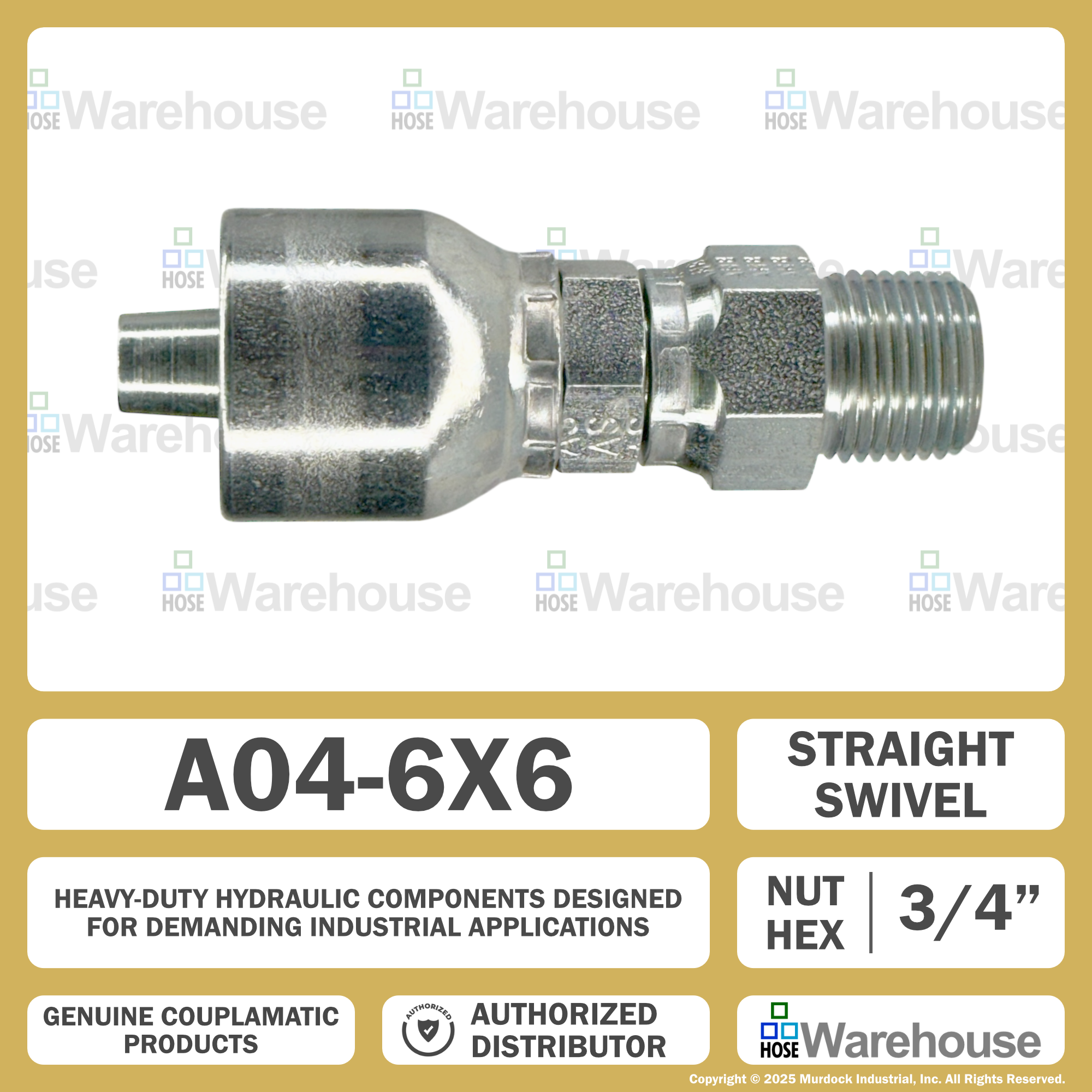 A04-6x6 by Couplamatic | A Series Coupling | 3/8" Hose ID x 3/8-18 Thread Male Swivel NPTF | Straight