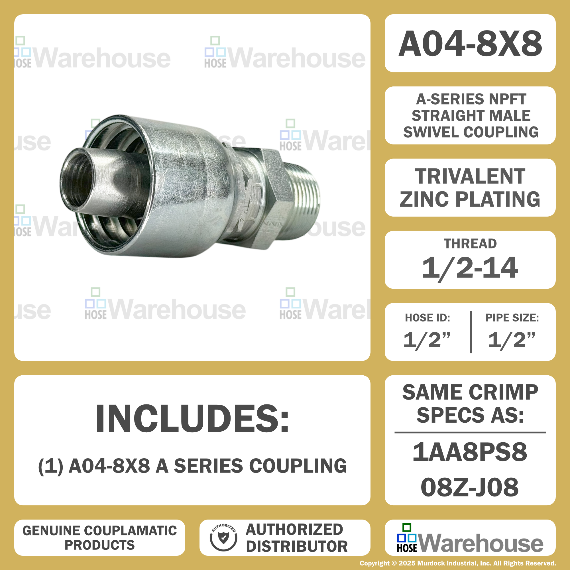 A04-8x8 by Couplamatic | A Series Coupling | 1/2" Hose ID x 1/2-14 Thread Male Swivel NPTF | Straight