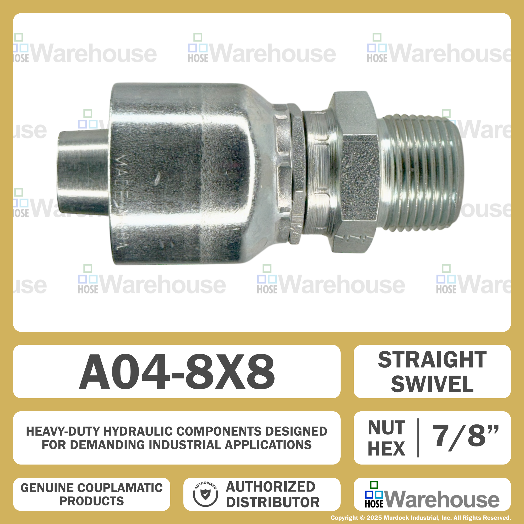 A04-8x8 by Couplamatic | A Series Coupling | 1/2" Hose ID x 1/2-14 Thread Male Swivel NPTF | Straight