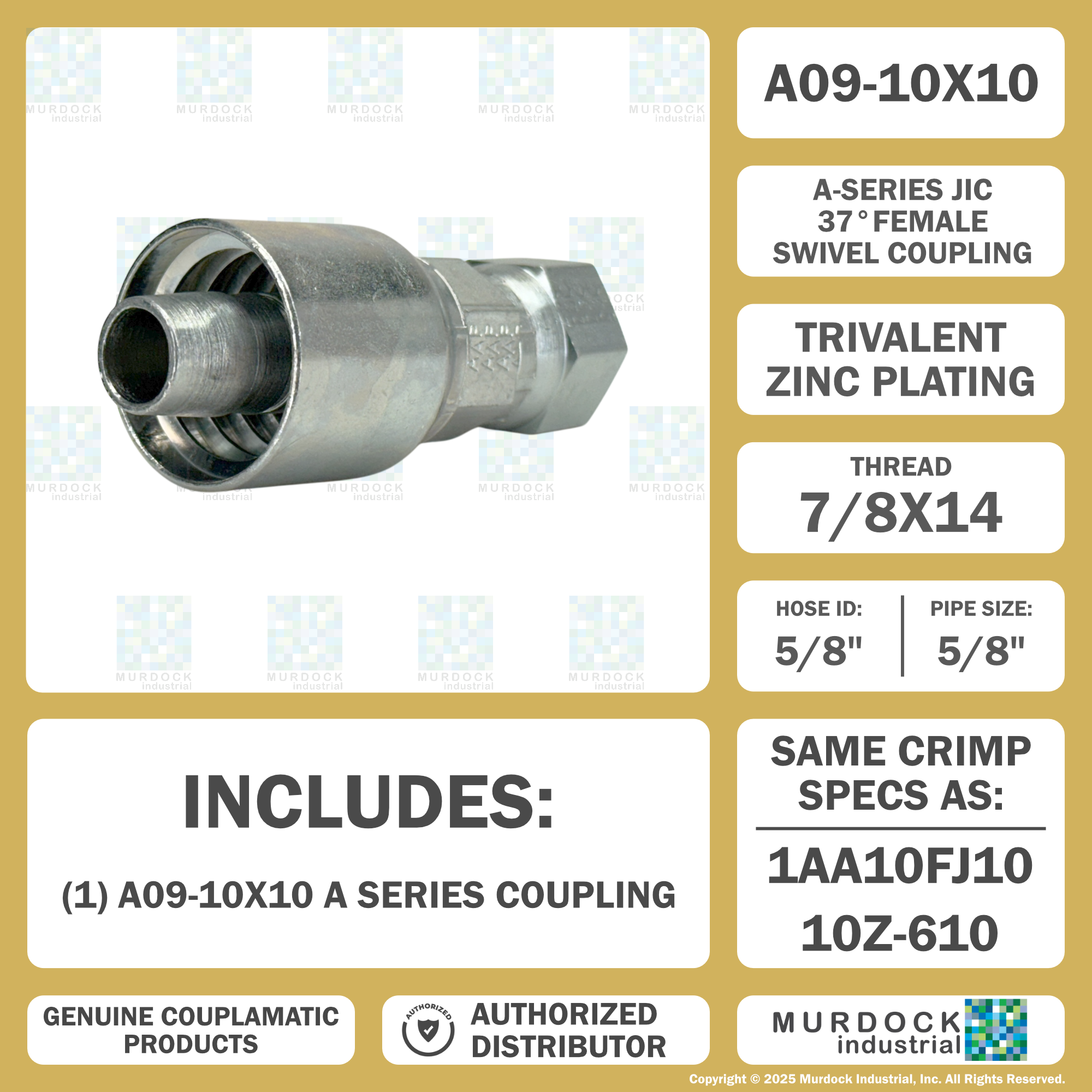 A09-10x10 by Couplamatic | A Series Coupling | 5/8" Hose ID x 7/8x14 Thread JIC 37° Female Swivel | Straight