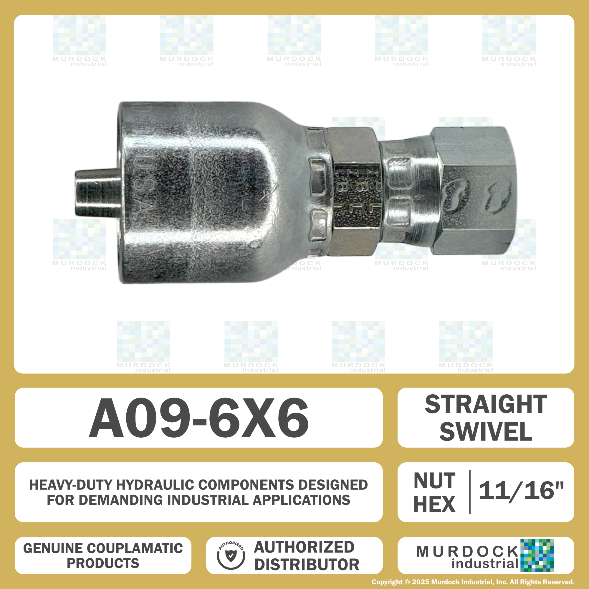 A09-6x6 by Couplamatic | A Series Coupling | 3/8" Hose ID x 9/16x18 Thread JIC 37° Female Swivel | Straight