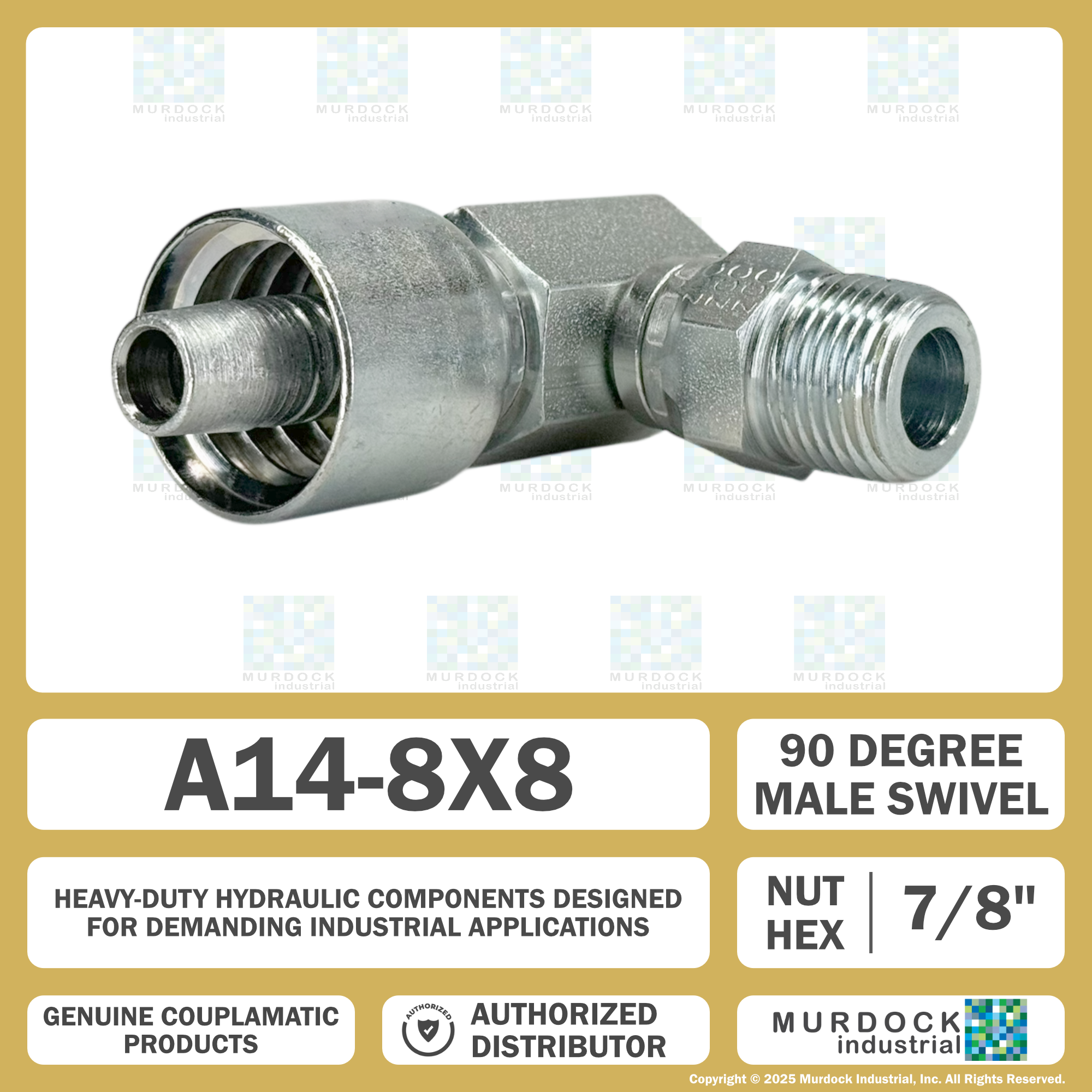 A14-8x8 by Couplamatic | A Series Coupling | 1/2" Hose ID x 1/2-14 Thread Male Swivel NPTF | 90° Elbow