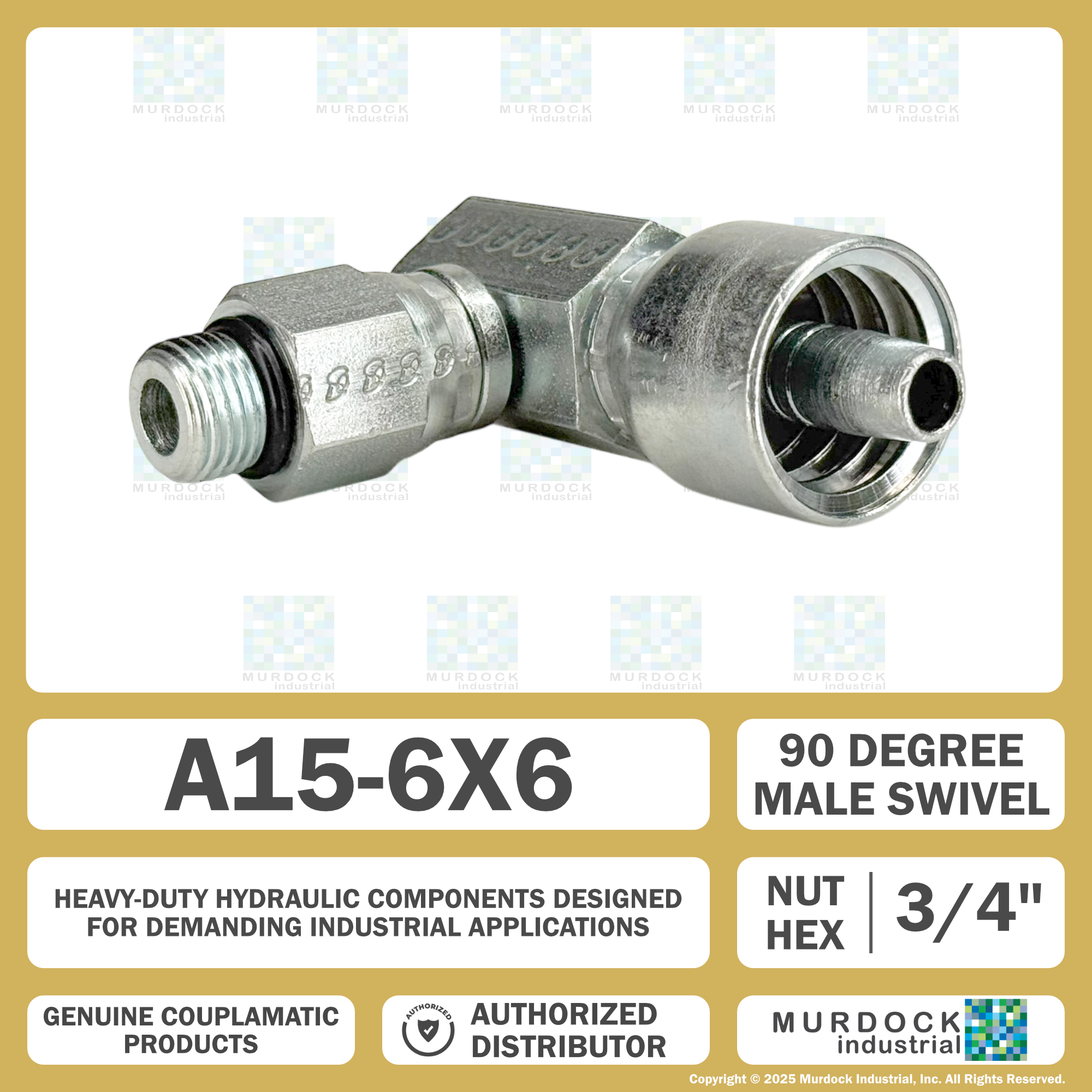 A15-6x6 by Couplamatic | A Series Coupling | 3/8" Hose ID x 9/16x18 Thread ORB Male Swivel | 90° Elbow