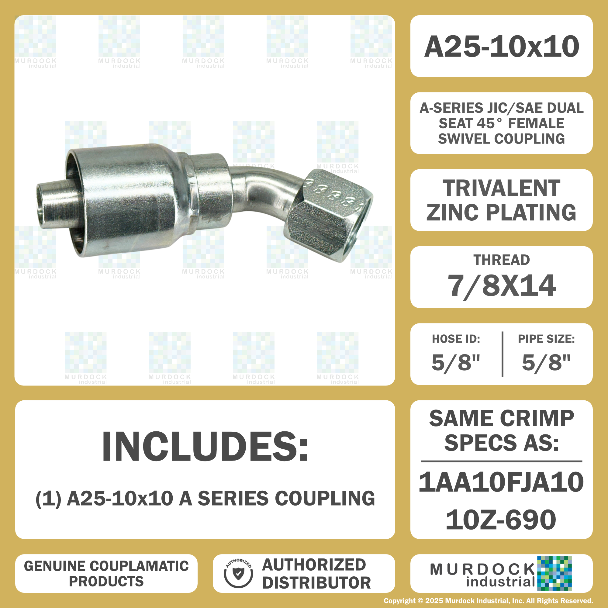 A25-10x10 by Couplamatic | A Series Coupling | 5/8" Hose ID x 7/8x14 Thread JIC/SAE Dual Seat Female Swivel | 45° Elbow