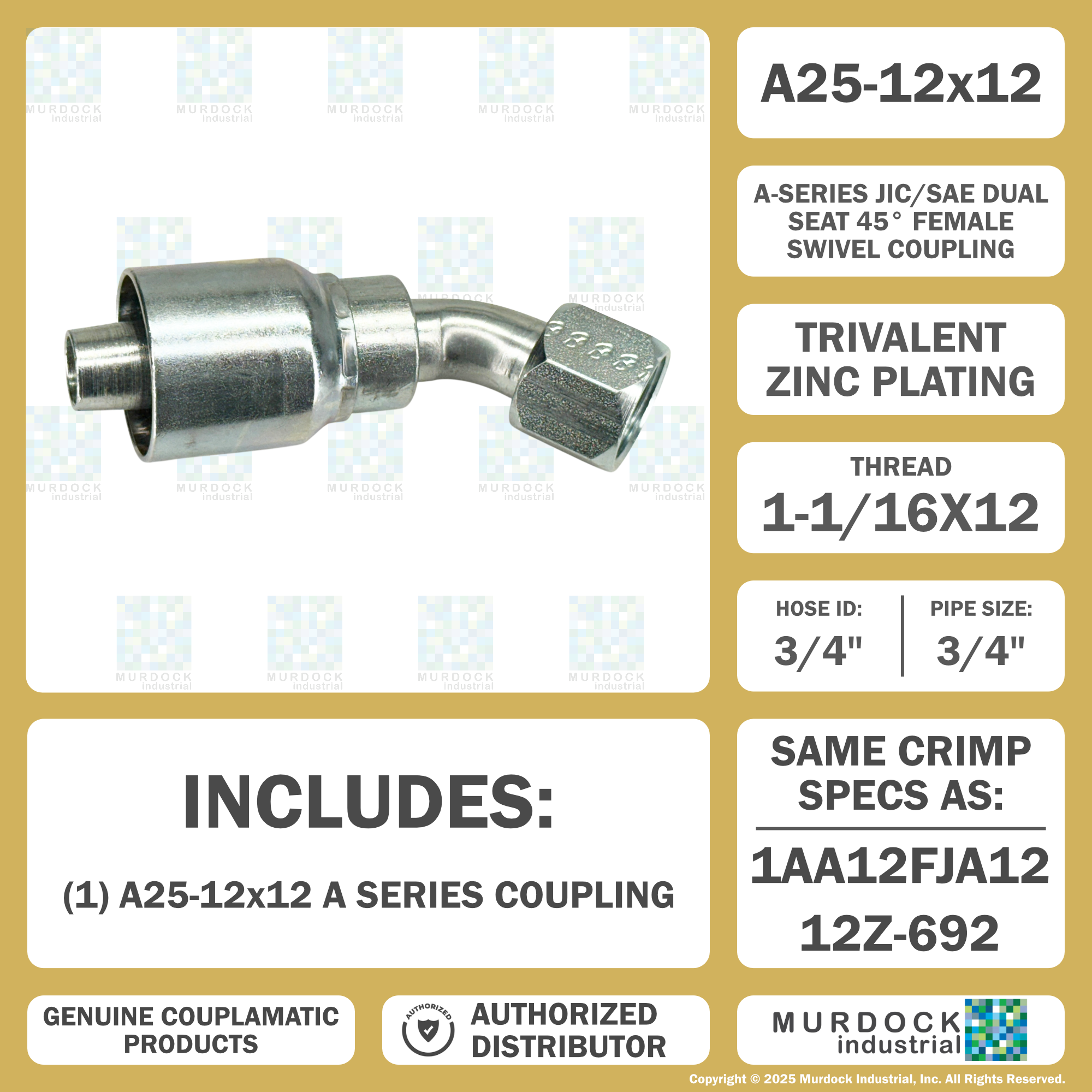 A25-12x12 by Couplamatic | A Series Coupling | 3/4" Hose ID x 1-1/16x12 Thread JIC Seat Female Swivel | 45° Elbow