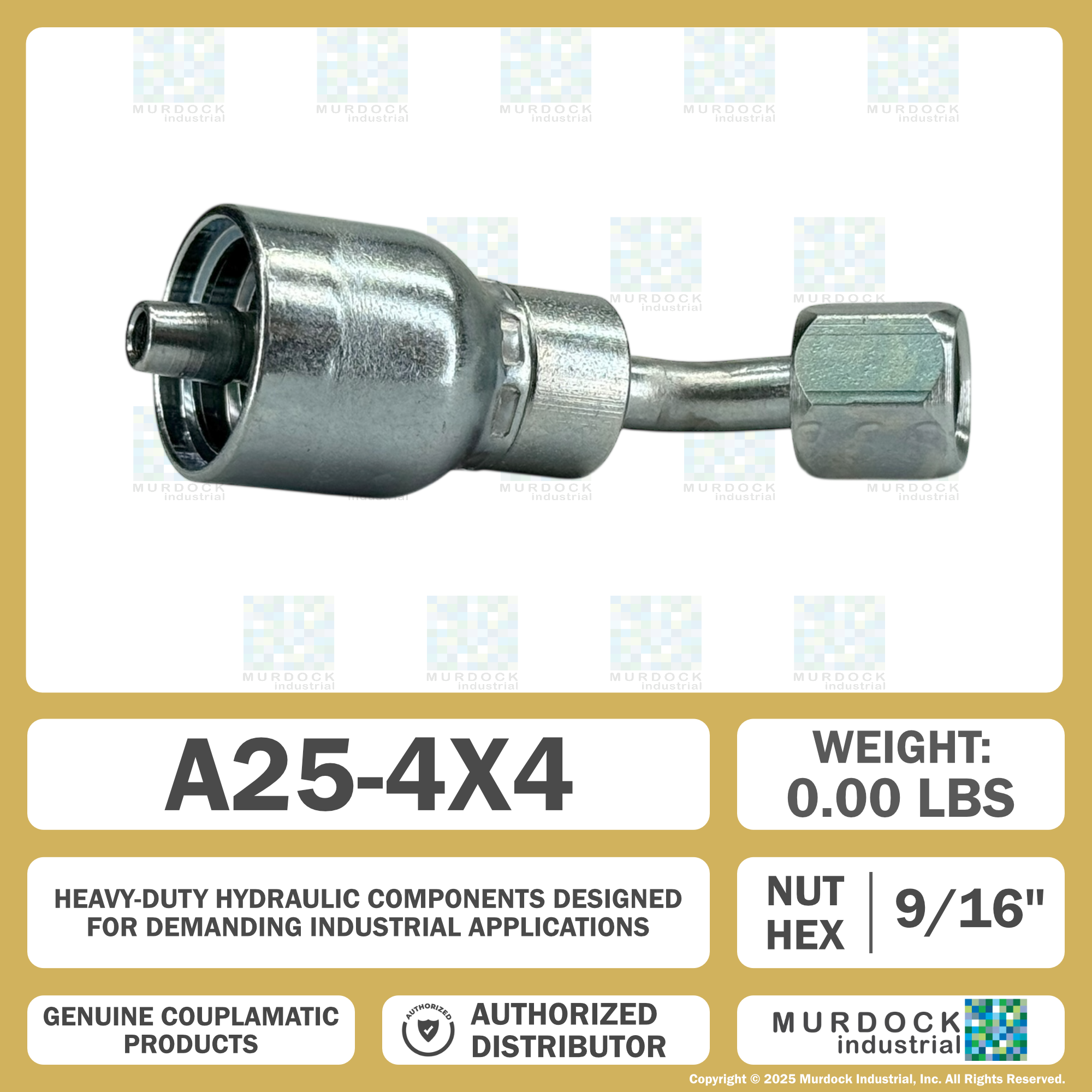 A25-4x4 by Couplamatic | A Series Coupling | 1/4" Hose ID x 7/16x20 Thread JIC/SAE Dual Seat Female Swivel | 45° Elbow