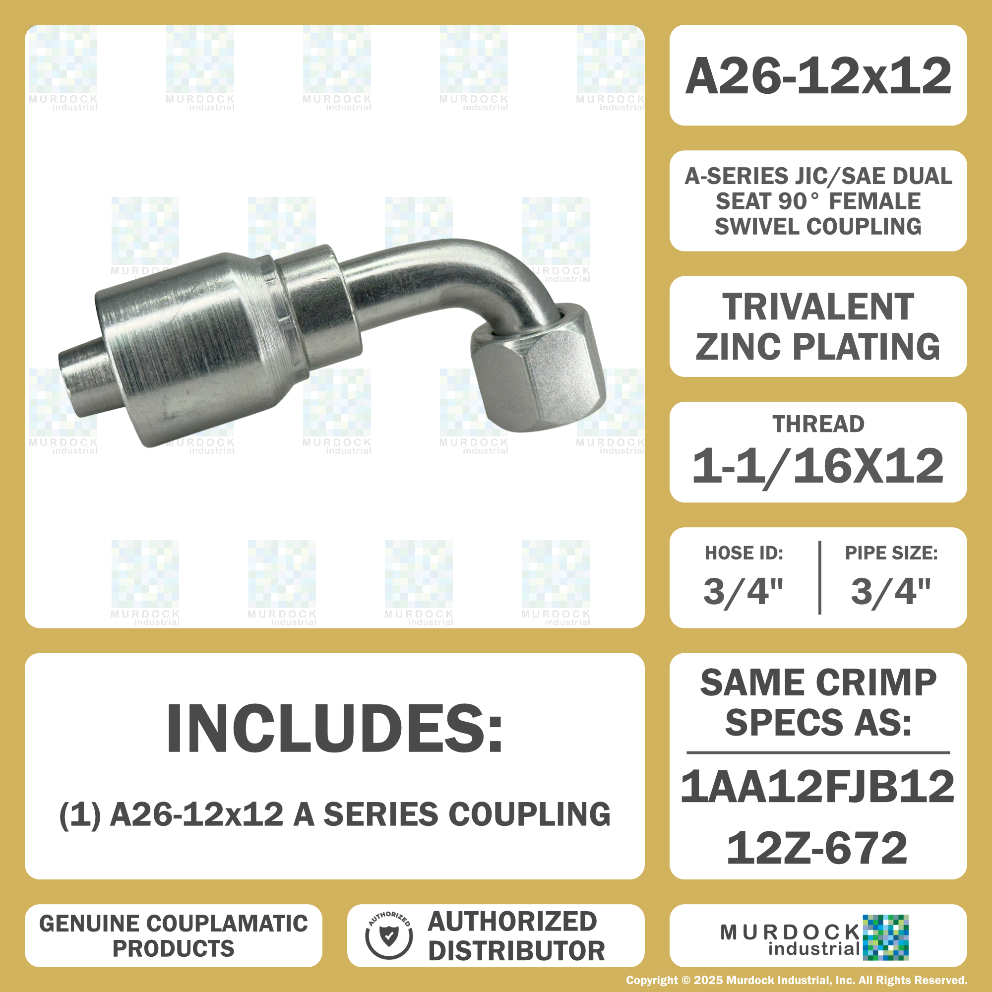 A26-12x12 by Couplamatic | A Series Coupling | 3/4" Hose ID x 1-1/16x12 Thread JIC Seat Female Swivel | 90° Elbow