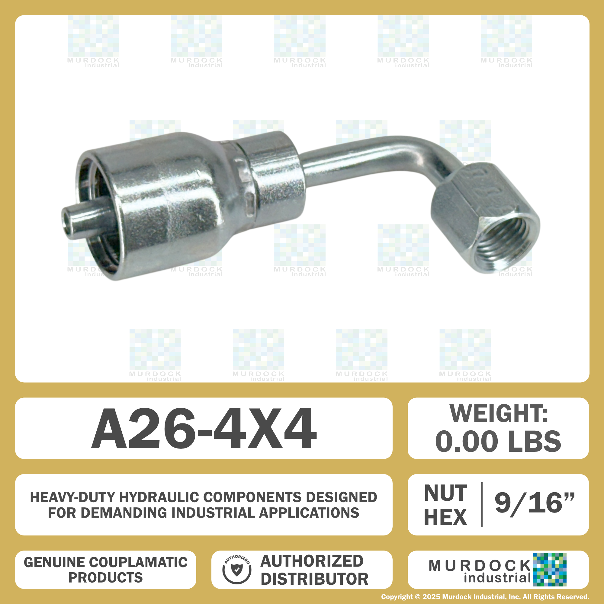 A26-4x4 by Couplamatic | A Series Coupling | 1/4" Hose ID x 7/16x20 Thread JIC/SAE Dual Seat Female Swivel | 90° Elbow
