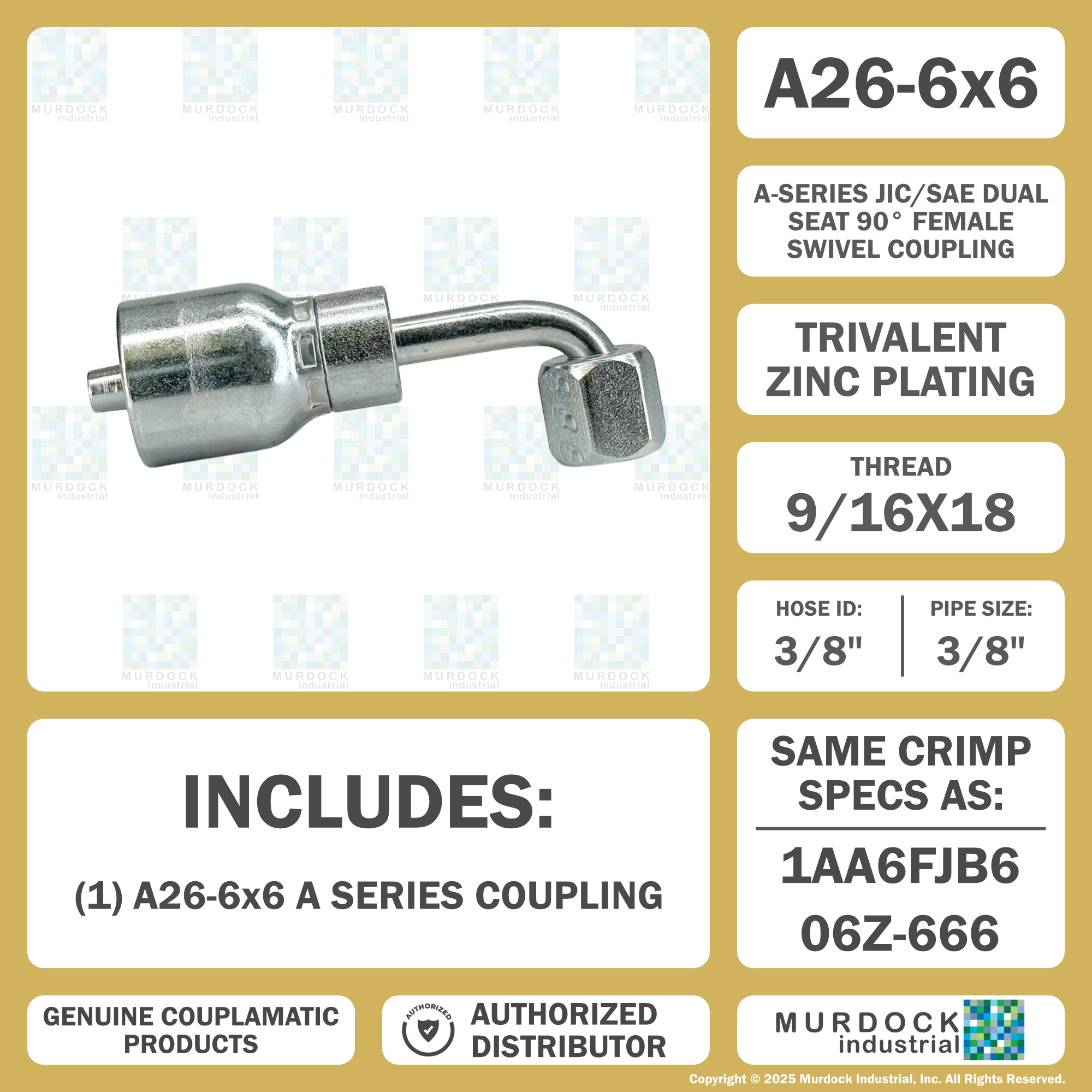A26-6x6 by Couplamatic | A Series Coupling | 3/8" Hose ID x 9/16x18 Thread JIC Seat Female Swivel | 90° Elbow