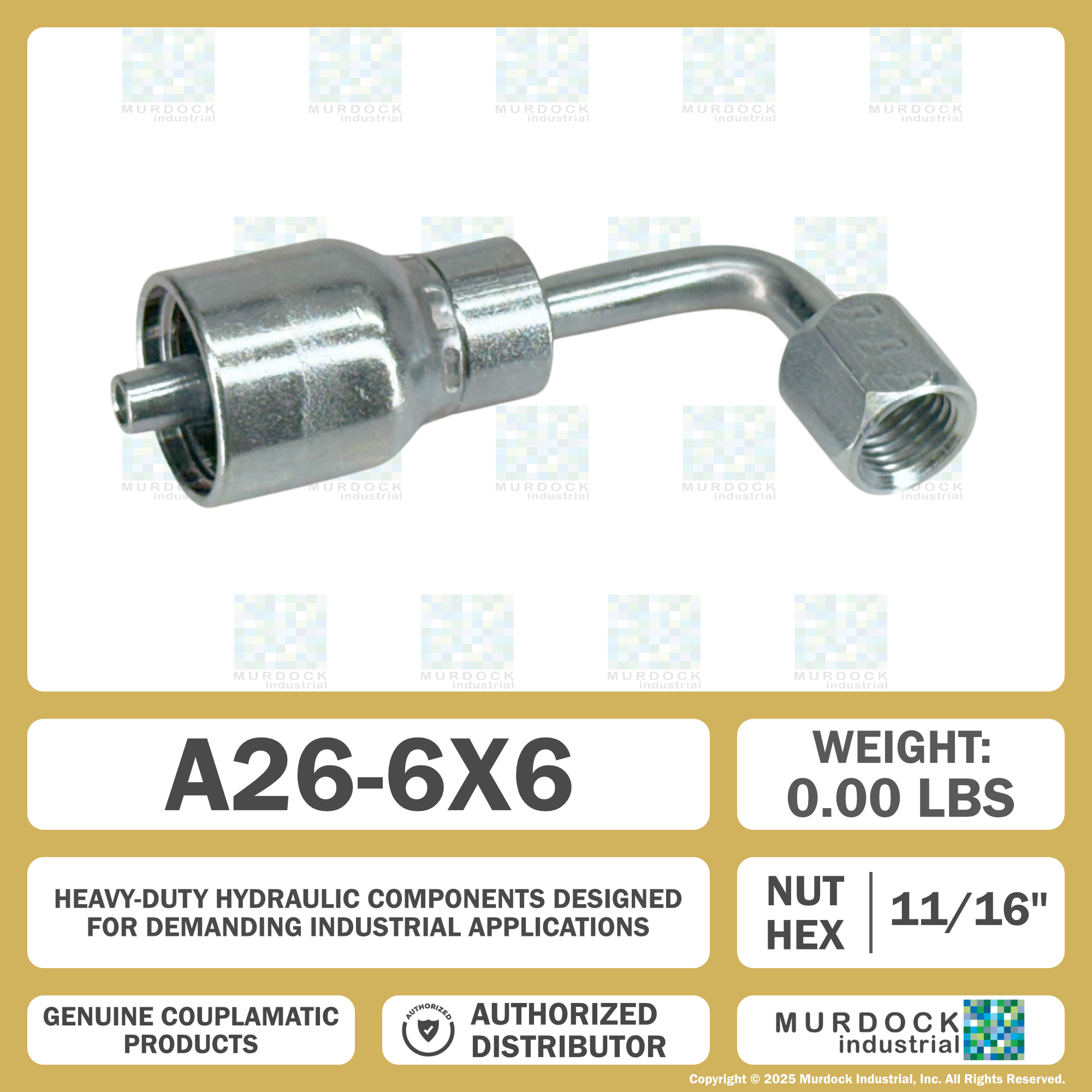 A26-6x6 by Couplamatic | A Series Coupling | 3/8" Hose ID x 9/16x18 Thread JIC Seat Female Swivel | 90° Elbow