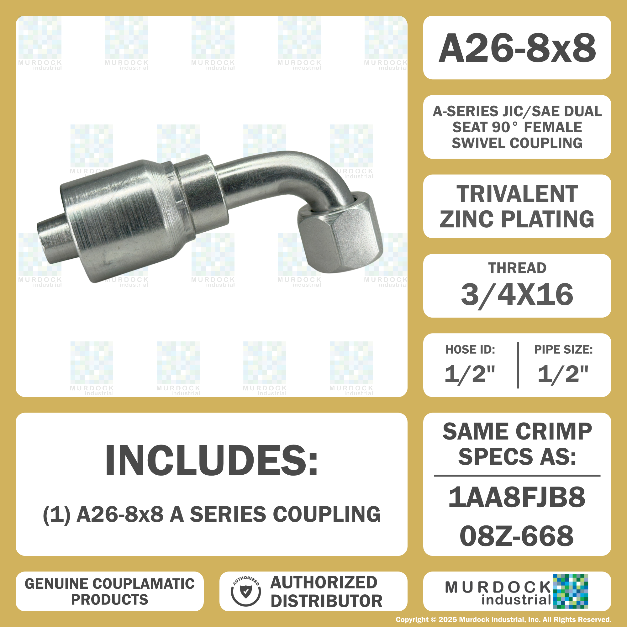 A26-8x8 by Couplamatic | A Series Coupling | 1/2" Hose ID x 3/4x16 Thread JIC/SAE Dual Seat Female Swivel | 90° Elbow