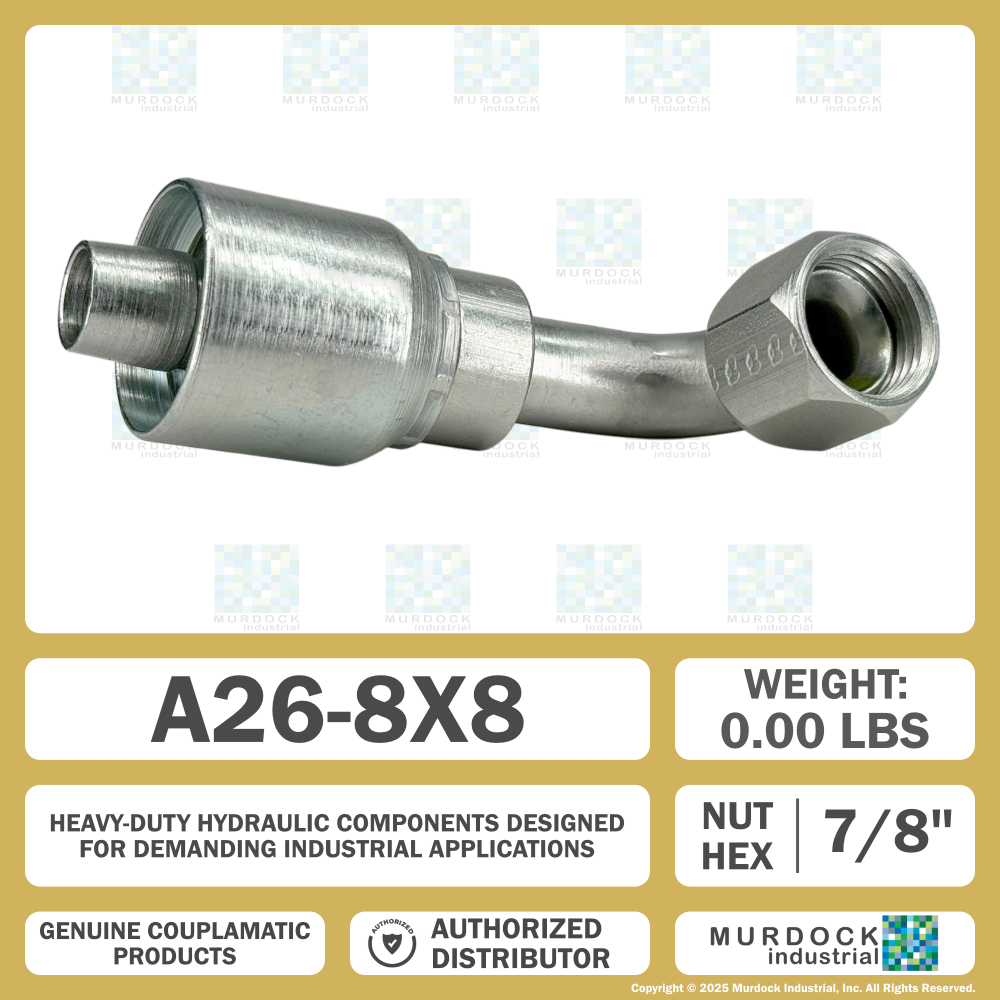 A26-8x8 by Couplamatic | A Series Coupling | 1/2" Hose ID x 3/4x16 Thread JIC/SAE Dual Seat Female Swivel | 90° Elbow