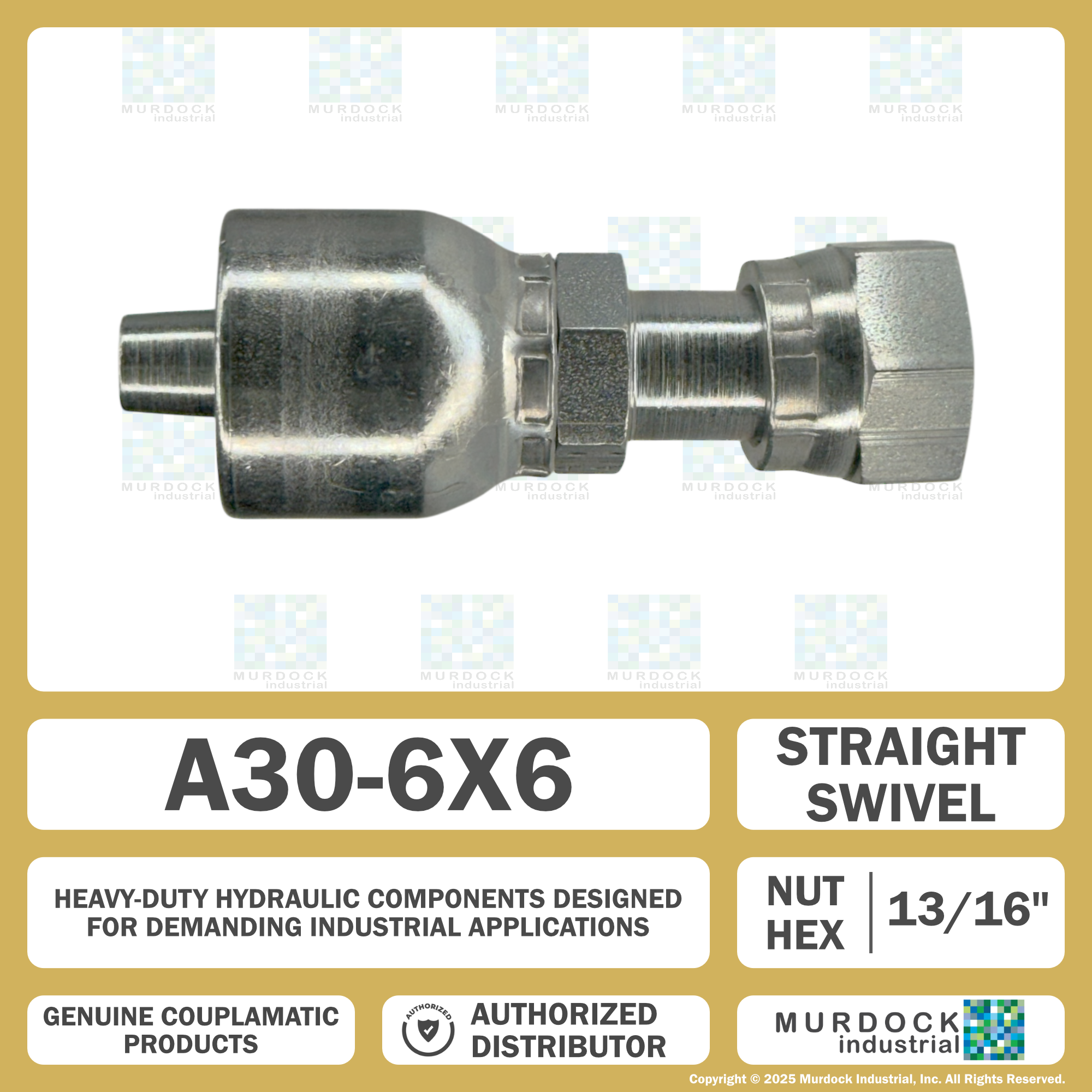 A30-6x6 by Couplamatic | A Series Coupling | 3/8" Hose ID x 11/16x16 Thread O-Ring Face Seal | ORF Female Swivel | Straight