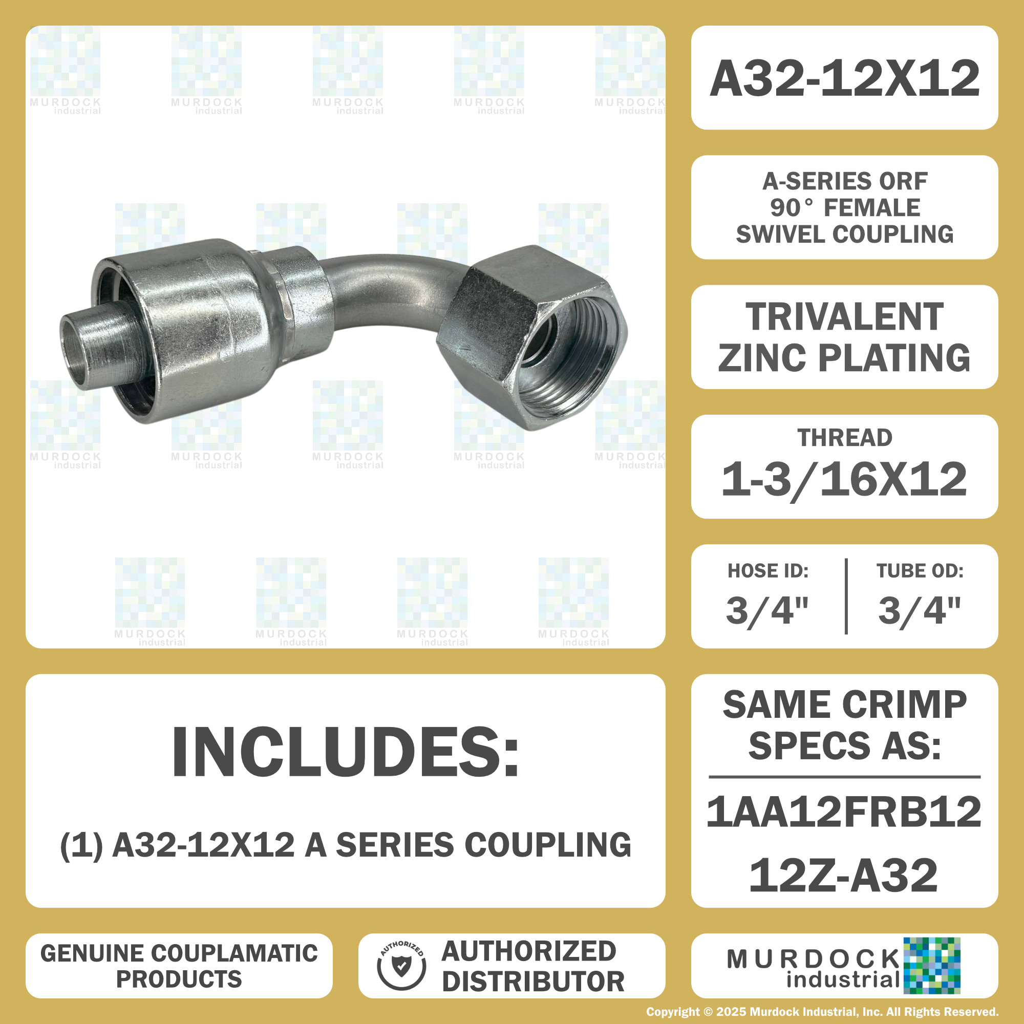 A32-12x12 by Couplamatic | A Series Coupling | 3/4" Hose ID x 1-3/16x12 Thread O-Ring Face Seal | ORF Female Swivel | 90° Elbow