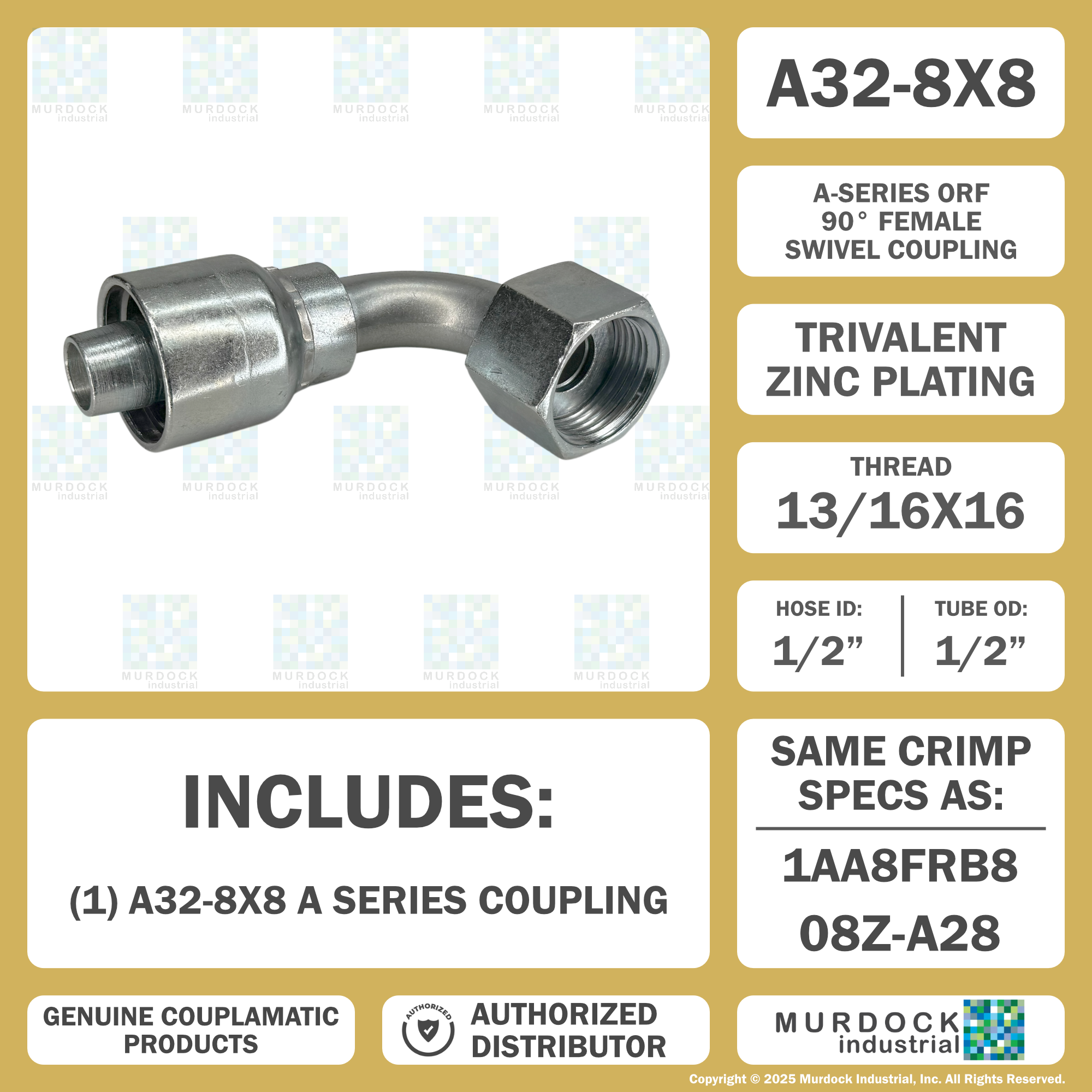 A32-8x8 by Couplamatic | A Series Coupling | 1/2" Hose ID x 13/16x16 Thread O-Ring Face Seal | ORF Female Swivel | 90° Elbow