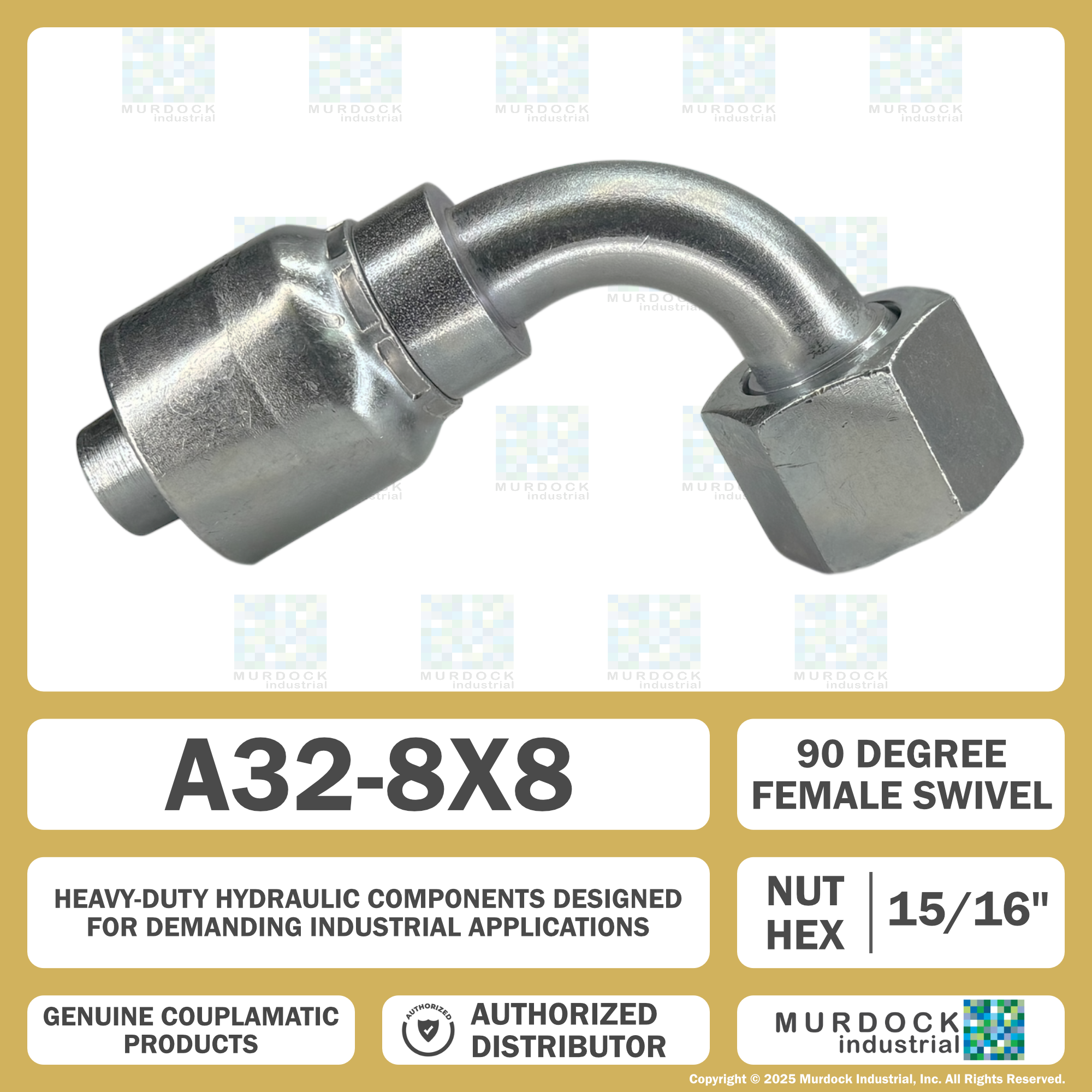 A32-8x8 by Couplamatic | A Series Coupling | 1/2" Hose ID x 13/16x16 Thread O-Ring Face Seal | ORF Female Swivel | 90° Elbow