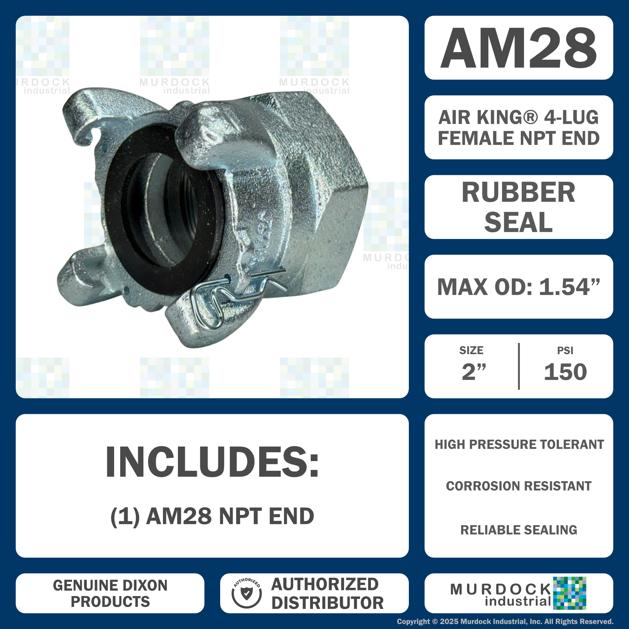 AM28 Air King® by Dixon Valve | Pneumatic Fitting | 4-Lug Threaded End | Chicago Style x 2" Female NPT | Iron