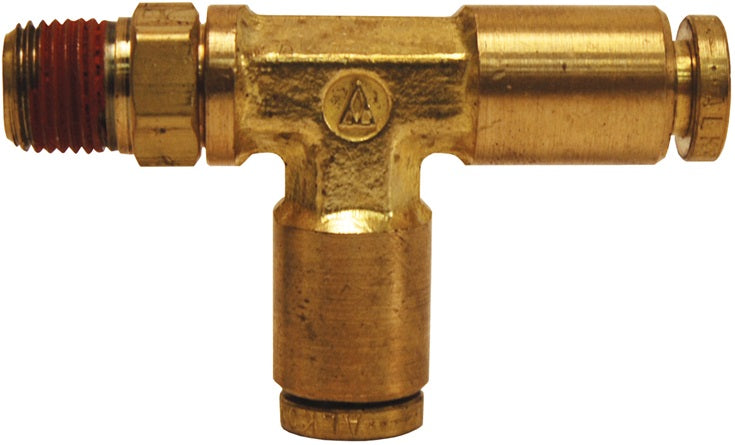 AQ71DOTS4X2 by Dixon Valve | D.O.T. Push-In Pneumatic Fitting | Male Swivel Run Tee | 1/8" Male NPTF x 1/4" Tube OD x 1/4" Tube OD | Brass CA377