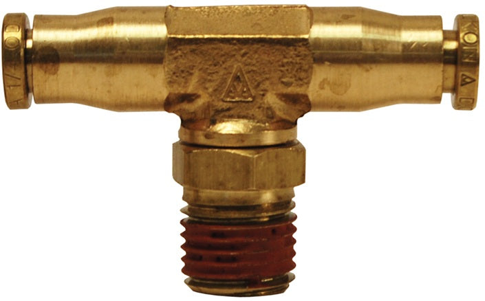 AQ72DOTS4X4 by Dixon Valve | D.O.T. Push-In Pneumatic Fitting | Male Swivel Branch Tee | 1/4" Male NPTF x 1/4" Tube OD x 1/4" Tube OD | Brass CA377