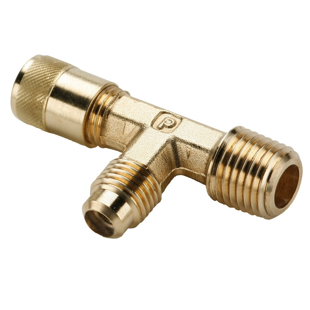 AVT3-4 by Parker | Access Valve | 1/4" Male Pipe or 5/16" O.D. Solder on Run x 1/4" Access on Run and Branch w/ One Core and Cap | Tee | Brass | Pack of 3