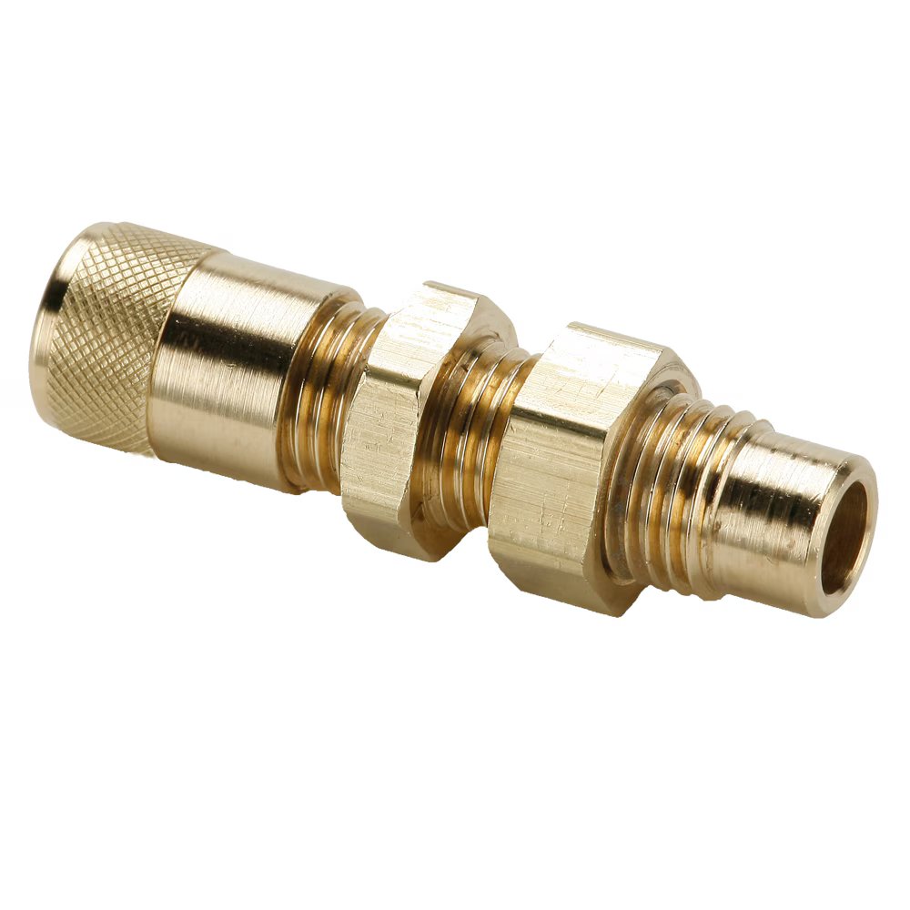 AVUS3BH-4 by Parker | Access Valve | Bulkhead Union | 1/4" Bulkhead Access x 3 Way ODs | Straight | Brass | Pack of 5