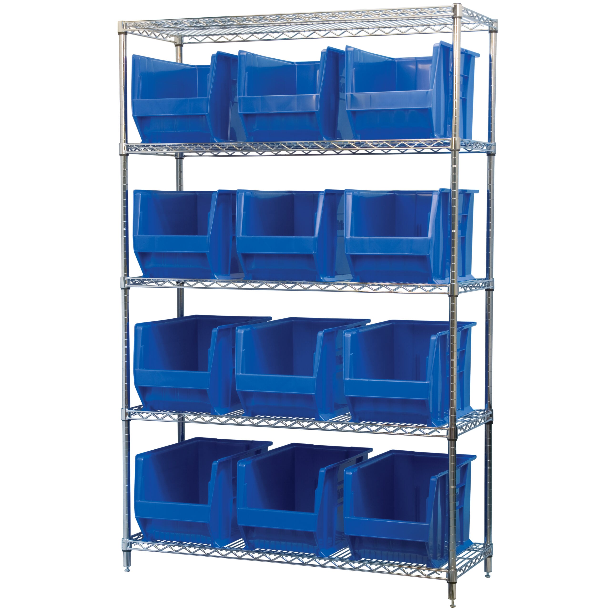 AWS184830282B by Akro-Mils | 5 Shelves Super-Size AkroBin Wire Shelving w/ 12 30282 Blue Bins | 18" x 48" x 74" | Steel