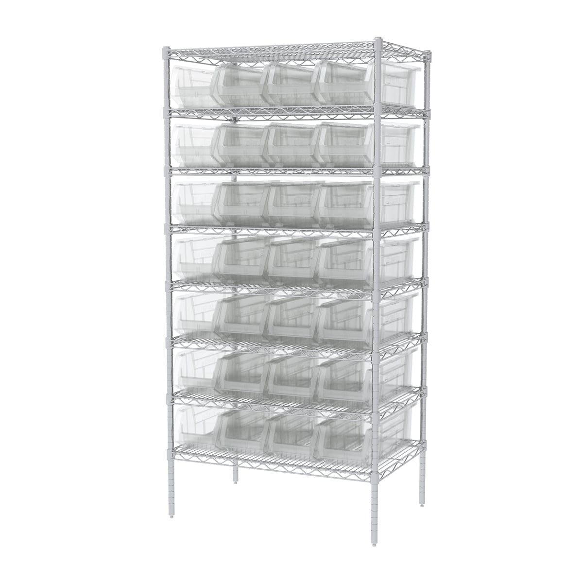 AWS24360284SC by Akro-Mils | 8 Shelves Super-Size AkroBin Wire Shelving w/ 28 30284 Semi-Clear Bins | 18" x 48" x 74" | Steel
