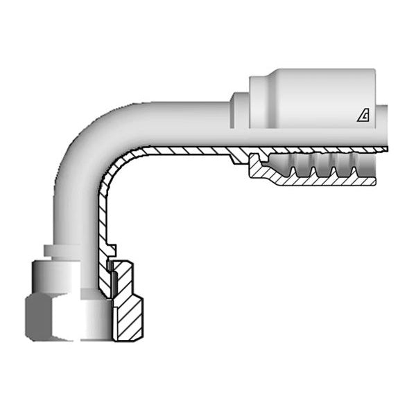 B-1010-FJ9L Alfagomma by Kuriyama | B Series | One-Piece AlfaCrimp Hydraulic Hose Fitting | 90° Elbow | Long Drop | -10 Hose ID x -10 Female JIC 37° | Steel