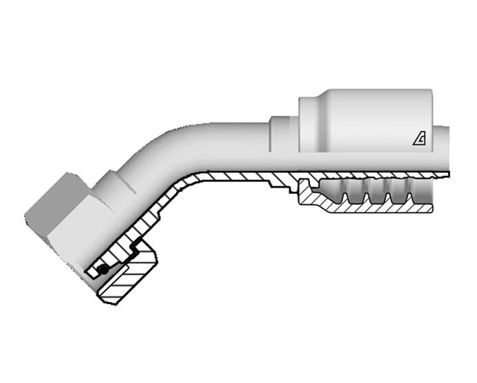B-0516-FM4L Alfagomma by Kuriyama | B Series | One-Piece AlfaCrimp Hydraulic Hose Fitting | 45° Elbow | DIN 3865 Light | -05 Hose ID x 16mm Female Metric 24° Cone with O-Ring | Steel