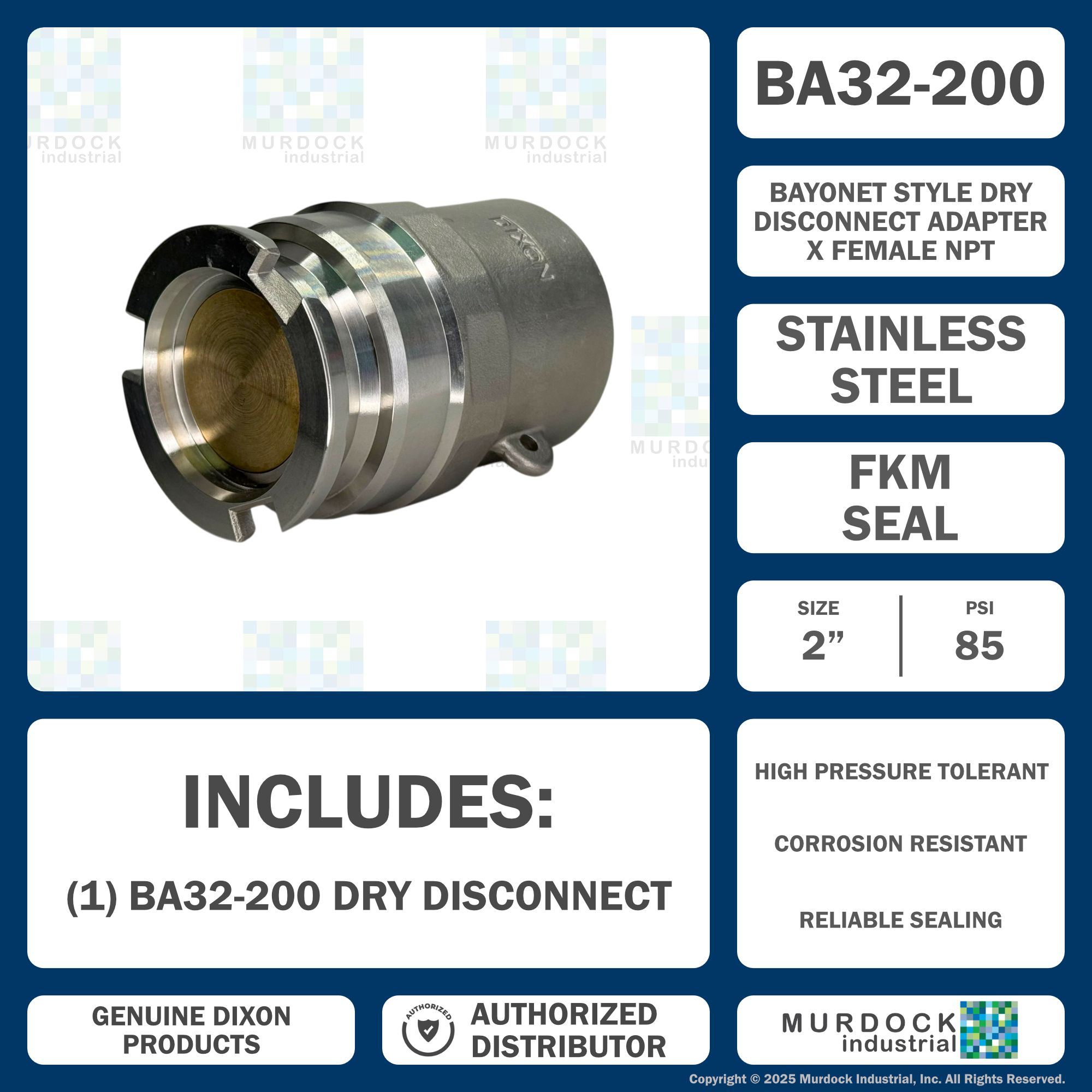 BA32-200 by Dixon Valve | Dry Disconnect | Bayonet Style | 2" Size | Adapter x Female NPT | FKM Seal | Stainless Steel