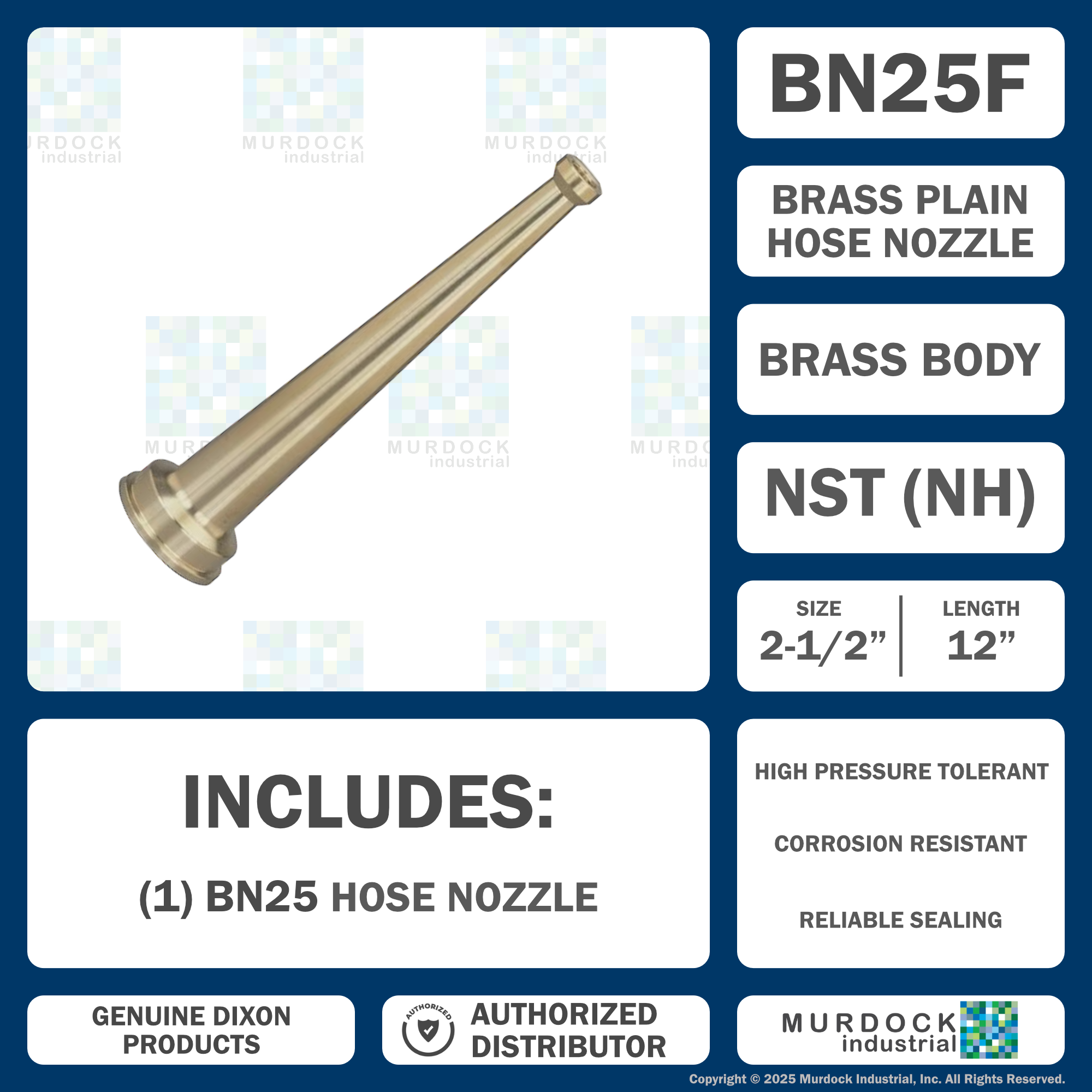 BN25F Dixon Brass Plain Hose Nozzle - 2-1/2" Female NST(NH) - 12" Length