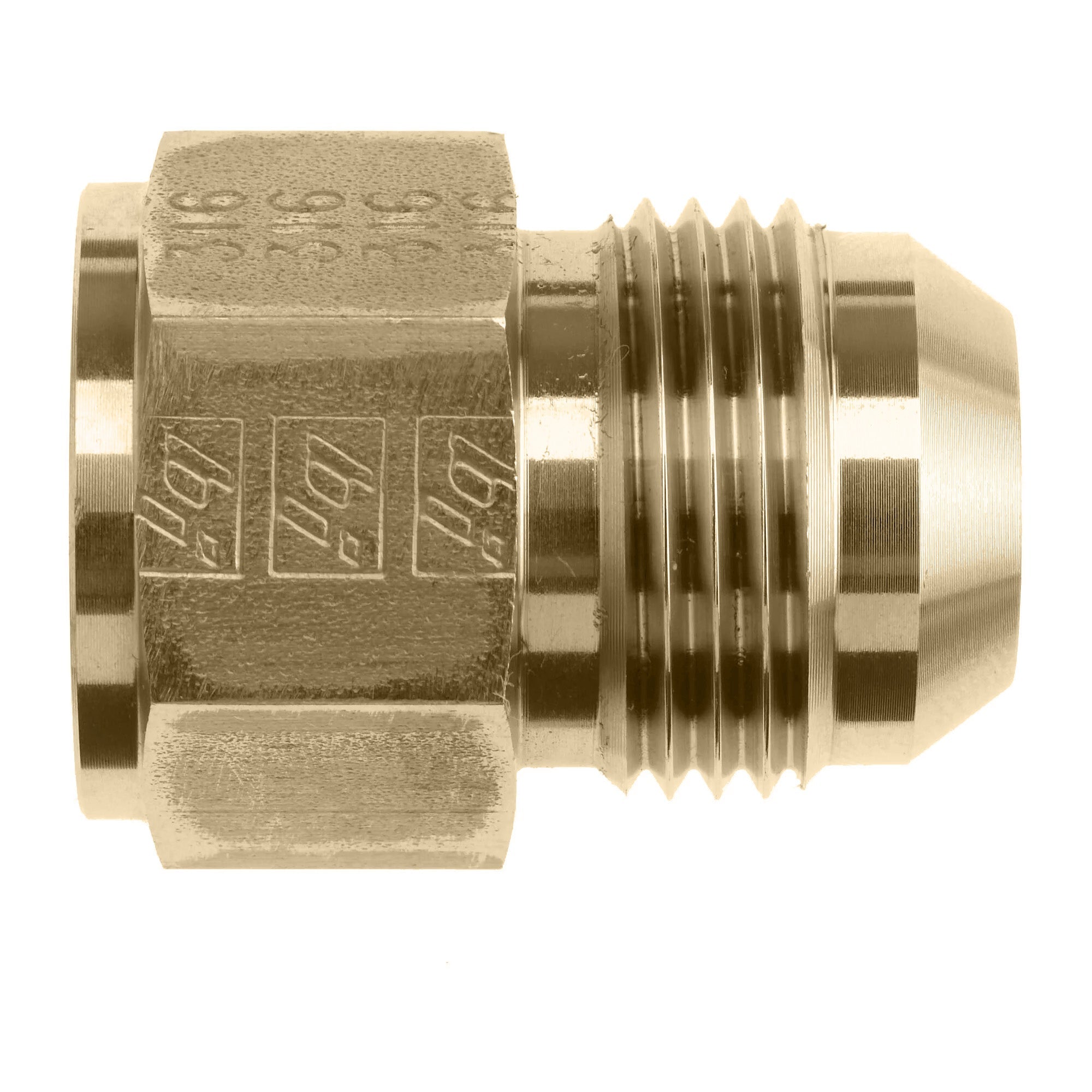 2406-08-04-B by Brennan Inc. | -08 Female JIC x -04 Male JIC | Straight Reducer (Non-Swivel) | Brass